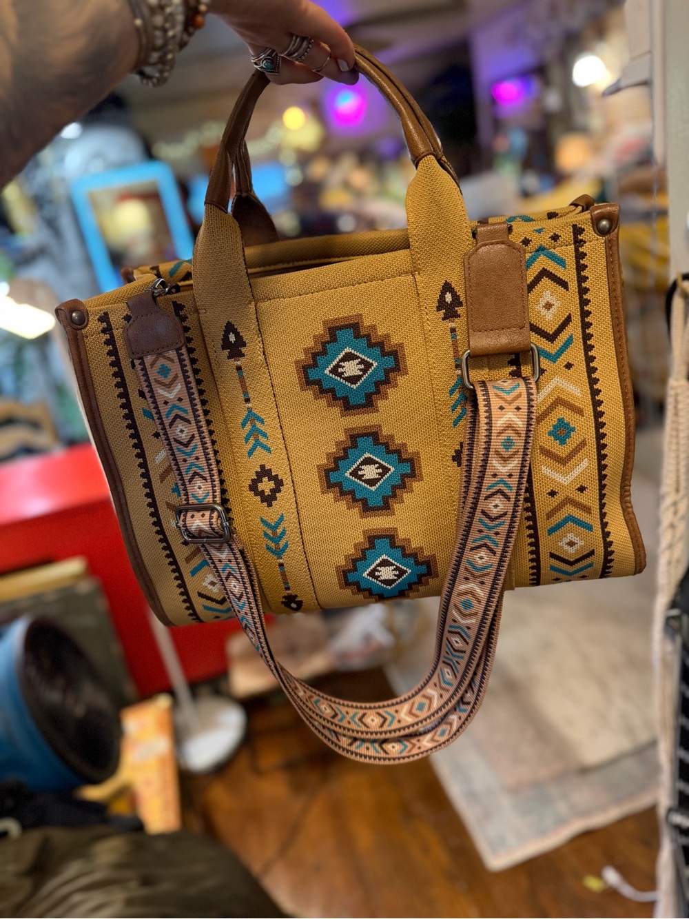 Montana West Southwestern Retro Aztec Canvas Bag with Turquoise Accents
